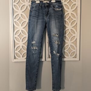 KanCan leopard print‎ patch distressed skinny jeans